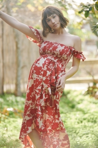 Picture of ALINA ASYMMETRIC MATERNITY DRESS CREAM & BURGUNDY